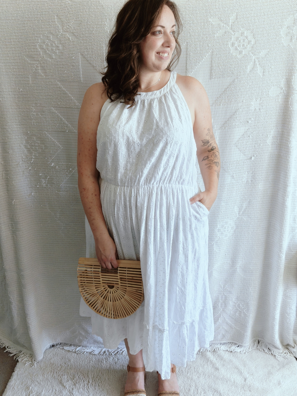 Torrid White Voile Eyelet Halter Midi Dress 4X | Tiered Ruffle Flounce Pockets